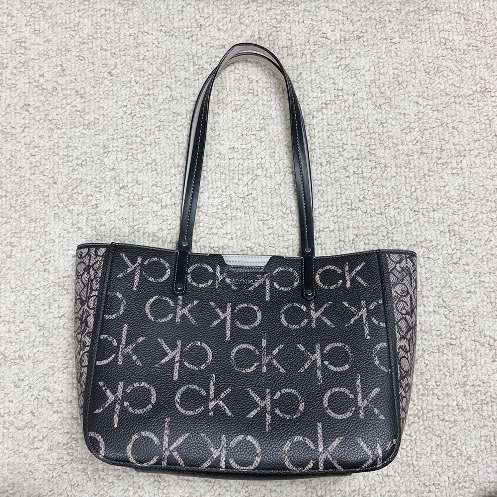 NWOT Calvin Klein Black and Beige CK Monogram Shoulder Tote Bag Purse Black